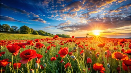 Fototapeta premium Sunlit Poppy Field Panoramic Summer Landscape Idyllic Nature Scenery
