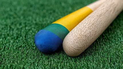 Close up of Two Painted Wooden Baseball Bats on Green Turf