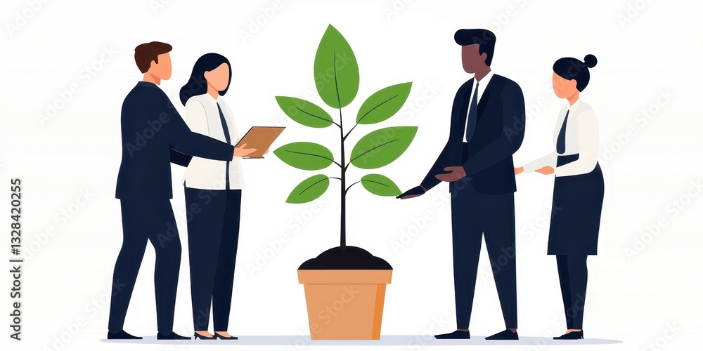 Poster a group of diverse professionals collaborates while nurturing a small plant, symbolizing growth and 