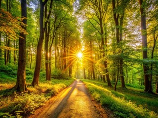 Fototapeta premium Sunlit Summer Forest Path: HD Wallpaper, Sunrise Woods, Morning Hike, Nature Scene