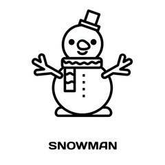 snowman with a gift box editable stroke outline icon isolated on white background flat vector illustration, black outline, Pixel perfect