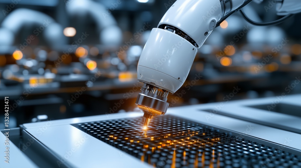 Poster robotic arm precisely working on circuit board in a modern factory setting, highlighting automation 