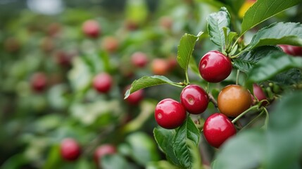 Obraz premium Ripe cherries on branch, orchard background, summer harvest, food