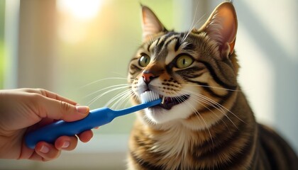 A tabby cat calmly having its teeth brushed indoors during the day, perfect for oral health day