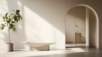 Serene Minimalist Bathroom Design Featuring Stylish Bathtub, Natural Light, Indoor Plant, and Elegant Archway in Contemporary Space