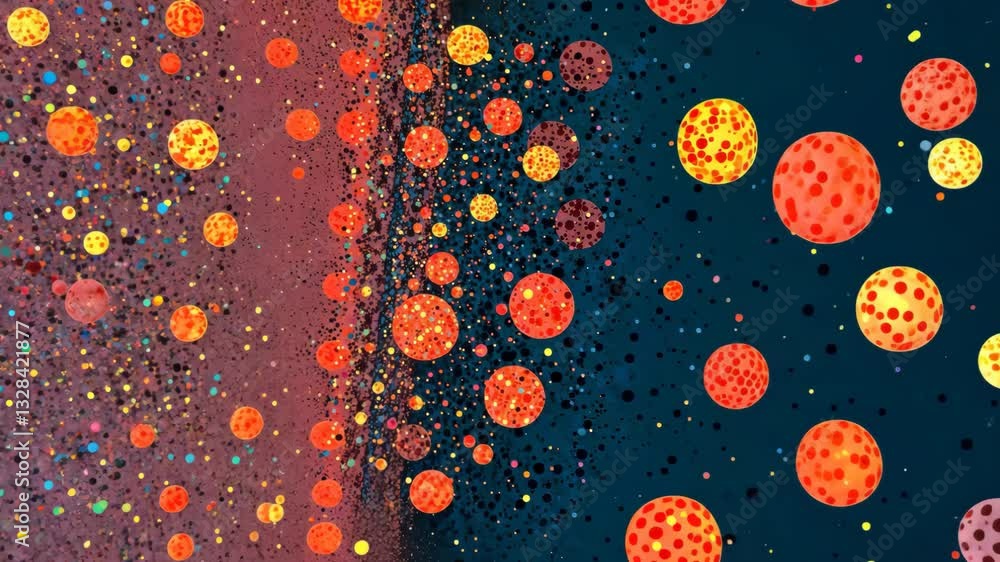 Poster a painting of many small red and blue circles. the circles are in different sizes and colors. the pa