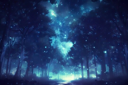 キャンバスドローイング『The forest at night』 looping moving forward Walking into the forest at night