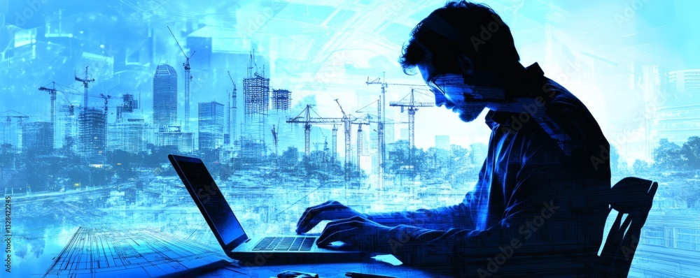 Poster a man is working intently on a computer at a desk