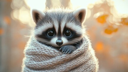 Fototapeta premium A Cute Raccoon Wrapped Cozy in a Soft Knitted Scarf