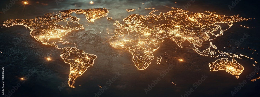 Poster a bird-eye view of a world map with flight paths lit up.