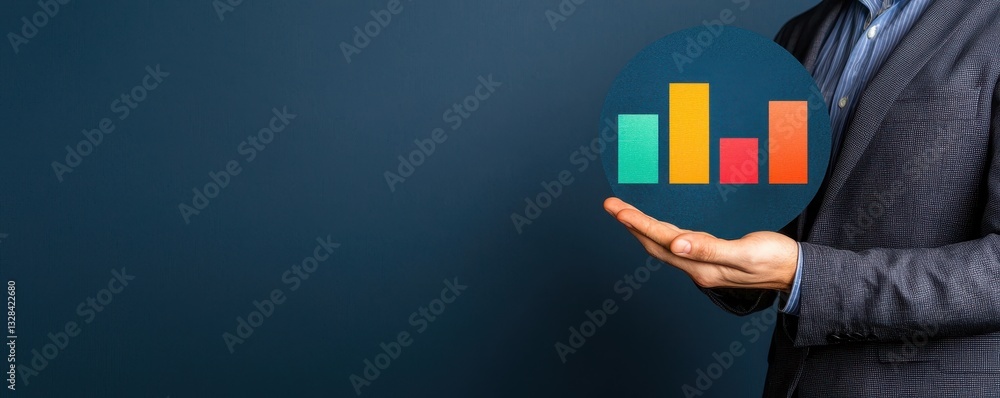 Poster a businessperson presents a colorful bar graph symbolizing growth and analytics against a dark backg