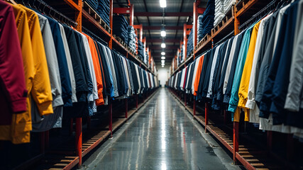Vast Clothing Warehouse with Garments on Racks