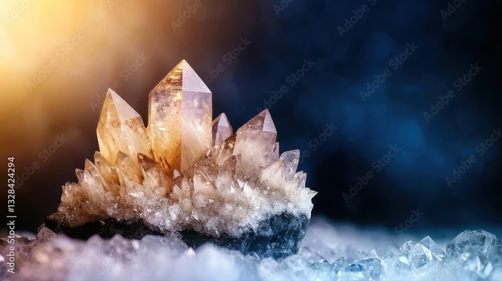 Poster close-up view of a beautifully shaped crystal on a table showcasing intricate patterns and natural d
