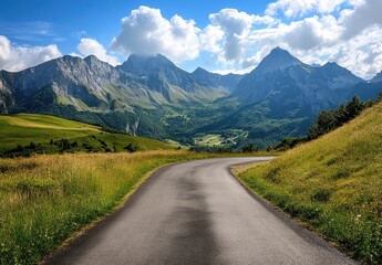 Serene Mountain Road Surrounded by Lush Green Hills and Spectacular Rocky Peaks Under Blue Sky with Fluffy White Clouds