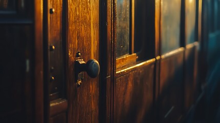 Obraz premium Vintage Wooden Door with Round Doorknob and Glass Panels Detail