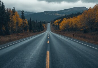 Serene Mountain Road with Autumn Foliage and Cloudy Sky in a Scenic Landscape Ideal for Travel and Nature Photography