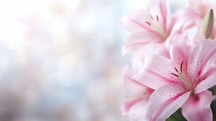 Fototapeta premium Pink lilies blooming in a soft-focus, dreamy light