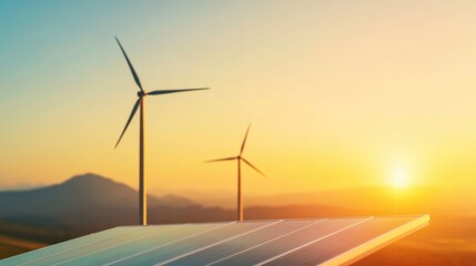Obraz premium Solar Panels and Wind Turbines Under Sunset Skies Promoting Renewable Energy Solutions and Sustainable Development in Modern Infrastructure