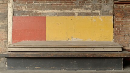 Obraz premium Rustic wooden platform against a weathered brick wall with red and yellow paint.