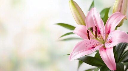 Fototapeta premium Pink lily bloom with buds & green leaves, blurred background