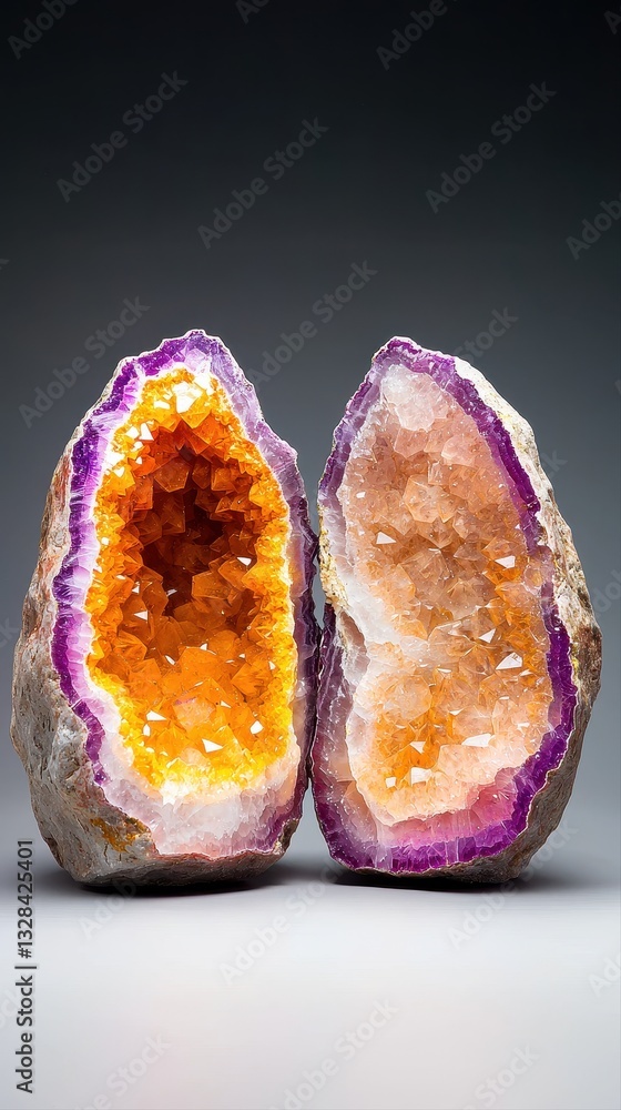 Poster two beautiful crystals on a table with a split geode exposing vibrant colors and intriguing patterns