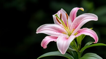 Fototapeta premium Pink lily with dotted petals and yellow stamen, green leaves against dark background