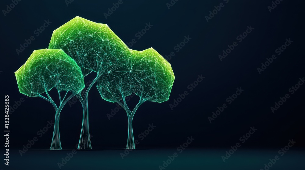 Poster a digital rendering of stylized green trees against a dark background, showcasing a modern, abstract