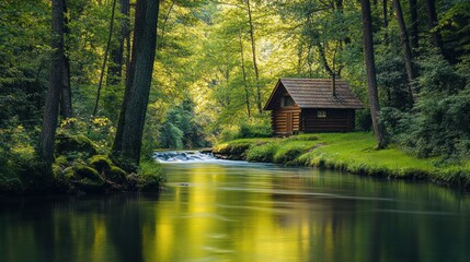 Fototapeta premium Idyllic wooden cabin nestled in lush green forest along a serene riverbank