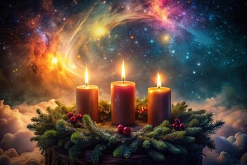Surreal Advent Wreath with Three Burning Candles - Mystical Winter Solstice Imagery