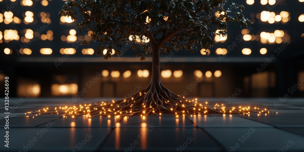 Poster a glowing tree with illuminated roots stands against a backdrop of soft, blurred lights, evoking a s