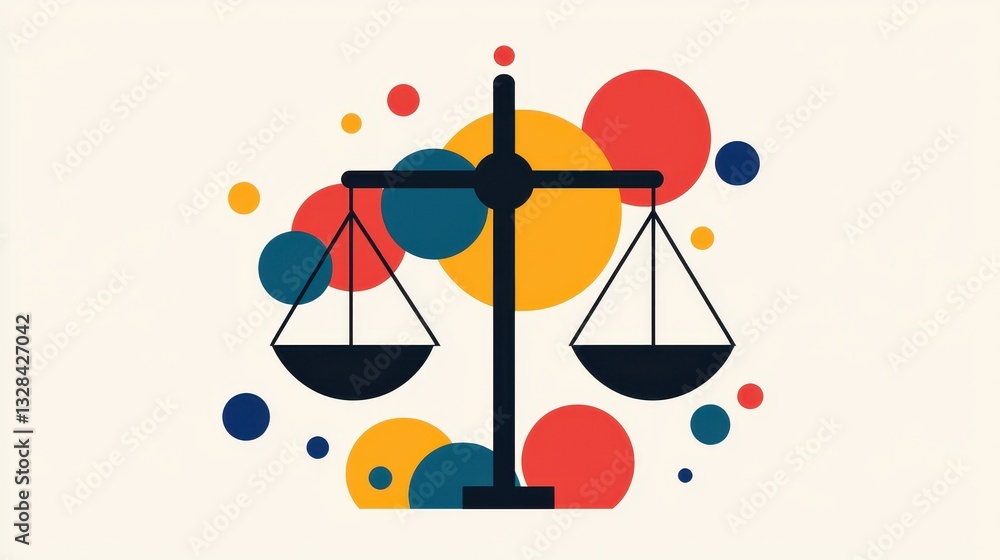 Poster A colorful illustration of a balanced scale symbolizing justice, surrounded by circular shapes in various colors.