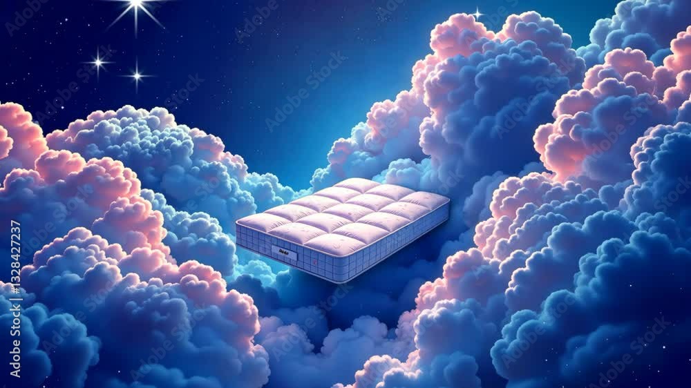 Aufkleber A mattress is floating in the sky. The mattress is white and is surrounded by clouds. The clouds are blue and pink