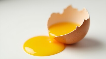 Broken Egg with Yolk Spilling on White Surface