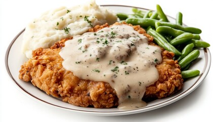Indulge in a Plate of Chicken Fried Steak with Gravy, Accompanied by Creamy Mashed Potatoes and Fresh Green Beans - A Comfort Food Delight for Every Occasion