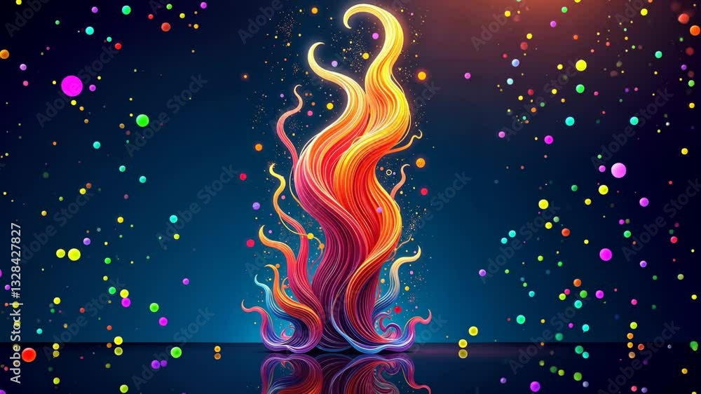 Poster a colorful fire with many different colors. the fire is surrounded by many different colored balls. 