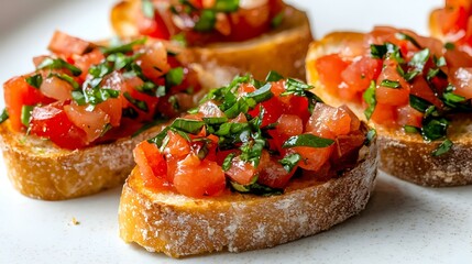 Sliced bruschetta on white background