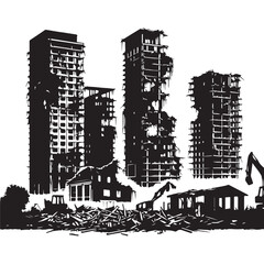 Fototapeta premium Demolished buildings destruction ruins silhouette vector illustration template