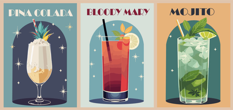 Cocktails retro poster set. Mojito, Pina colada, Bloody Mary. Collection of popular alcohol drinks. Vintage style flat vector illustrations for bar, pub, restaurant decoration, kitchen wall art print.
