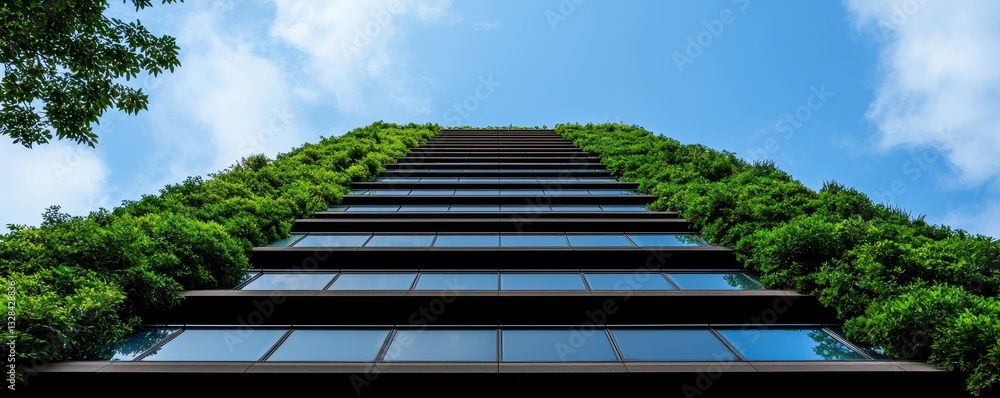 Aufkleber a modern building adorned with lush greenery, rising towards a bright sky, showcasing a blend of nat
