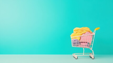 Colorful towels neatly stacked in a shopping cart against a vibrant turquoise background, symbolizing cleanliness and home essentials shopping experience.