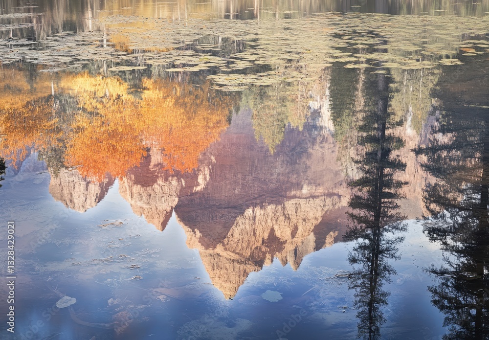 Poster serene reflection of autumn mountains in calm lake surrounded by colorful trees and lush greenery un