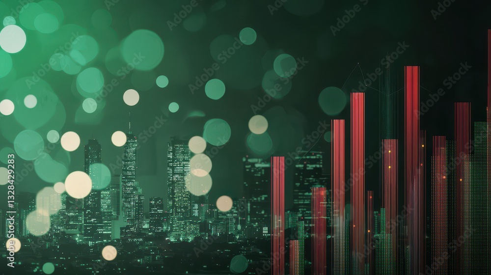 Poster a digital visualization of a city skyline with fluctuating data bars, featuring green and red tones 