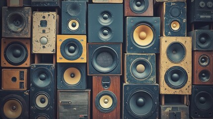 Obraz premium Vintage speakers wall art, many speakers various colors and styles, music room or shop background
