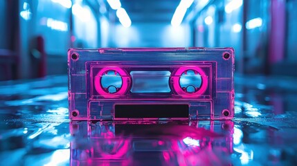 Fototapeta premium Neon-lit Cassette Tape on Reflective Floor, Urban Setting