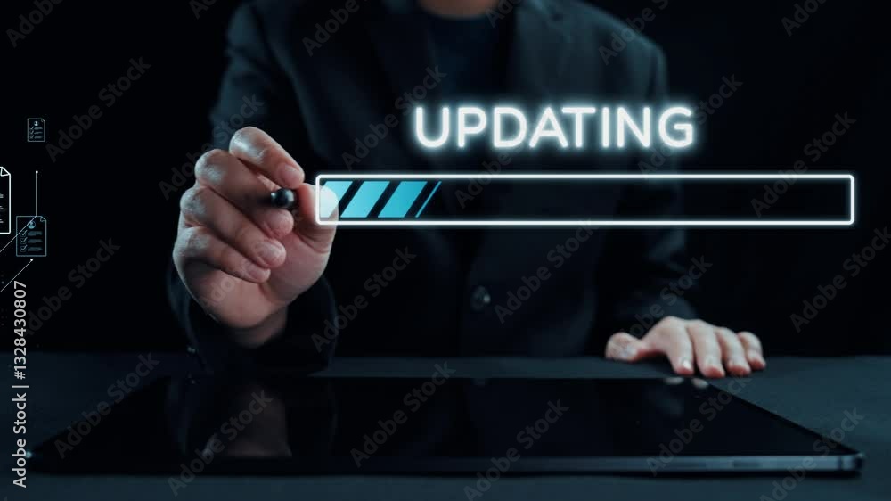 Poster a business professional interacts with a tablet showing a software update in progress, highlighted w