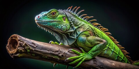 Obraz premium Surreal Close-up of Green Iguana on Branch - Striking Black Background