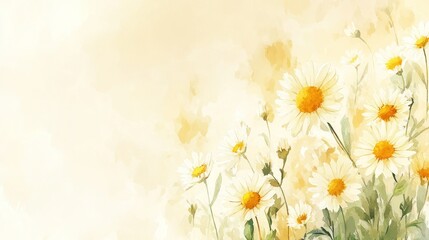 Obraz premium A delicate watercolor painting depicting daisies in yellow and white tones, as well as light green leaves. The flowers are evenly distributed over a light beige background.