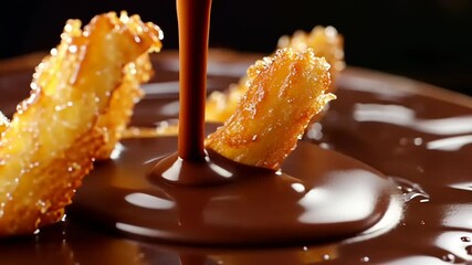 Golden, crispy churros being dipped into rich, molten chocolate on a dark background