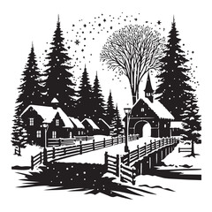 Winter Village Scene Vector Illustration with Snow Covered Houses