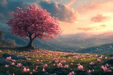 Lush green hillside adorned with a single blooming tree at sunset, creating a tranquil natural landscape
